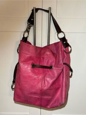 Tano Pink Leather Slouch/Hobo/Bucket Shoulder Bag with Brown Trim